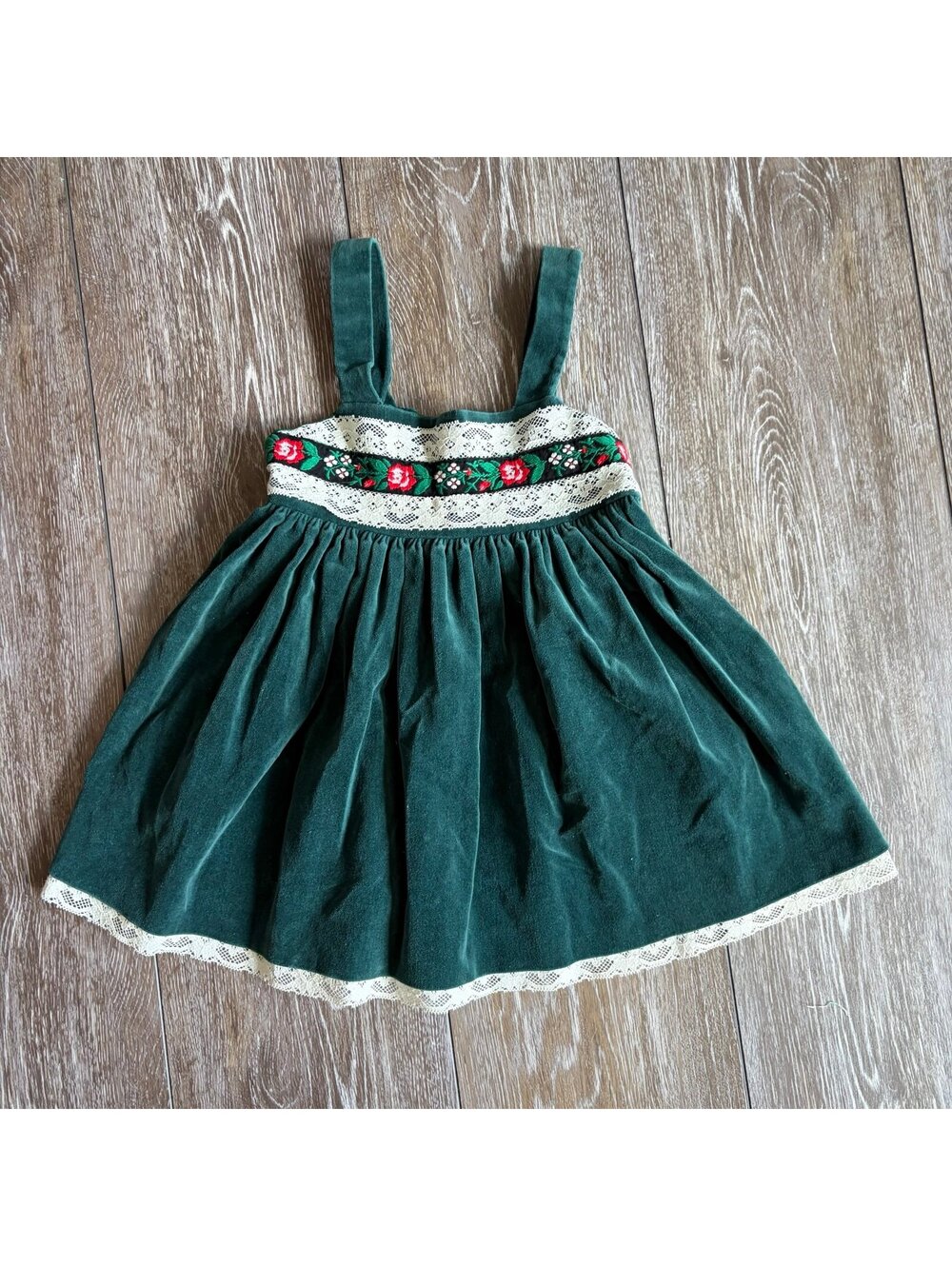 Vintage Youngland Girls Size 5 Green Velvet Christmas Holiday Dress Lace Floral